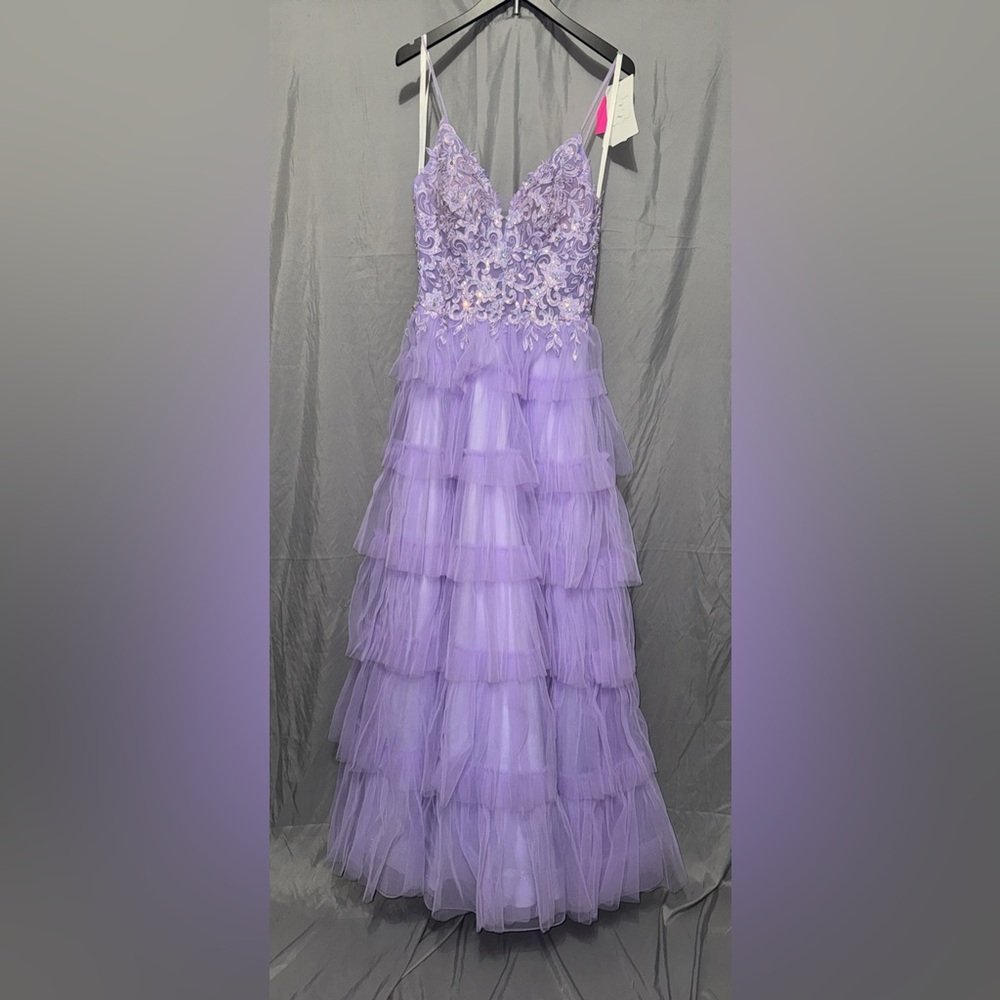 Purple Layered Tulle Kids Dress with Floral Appliqué